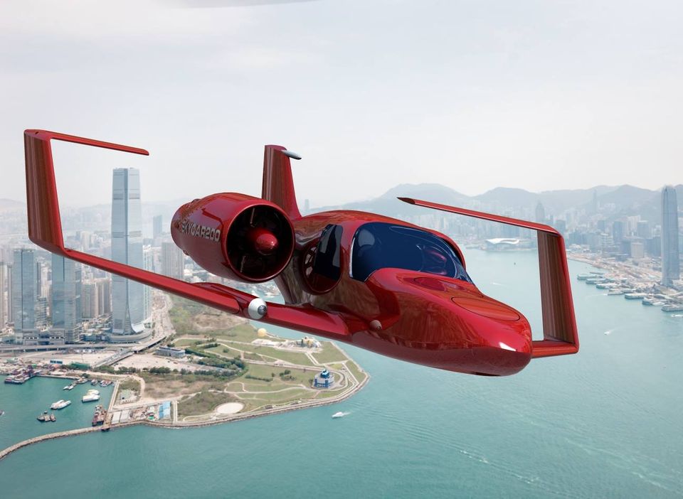 red vtol or skycar in flight leaving the city flying over waterway